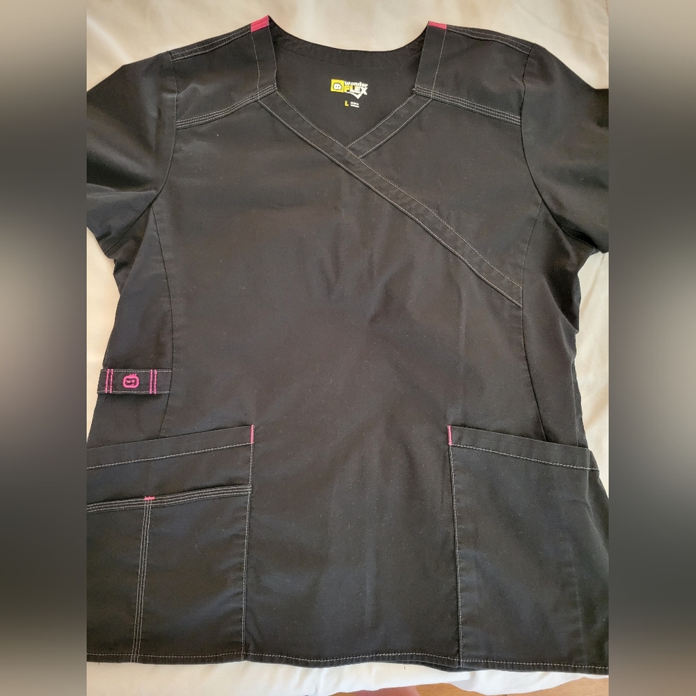 WonderWink Black Scrub Set with Pink Accents. Large top and X-Large flare pant. - Picture 2 of 5